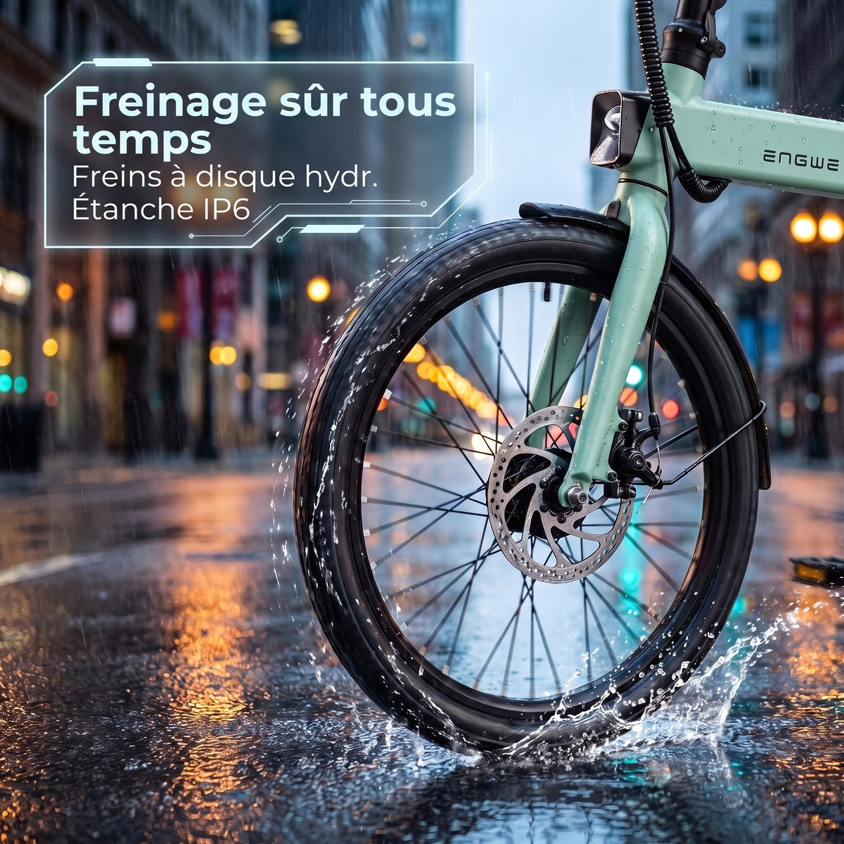 全天候安全保障 (Wet Weather Safety: Hydraulic Disc Brakes & IP6 Waterproof)